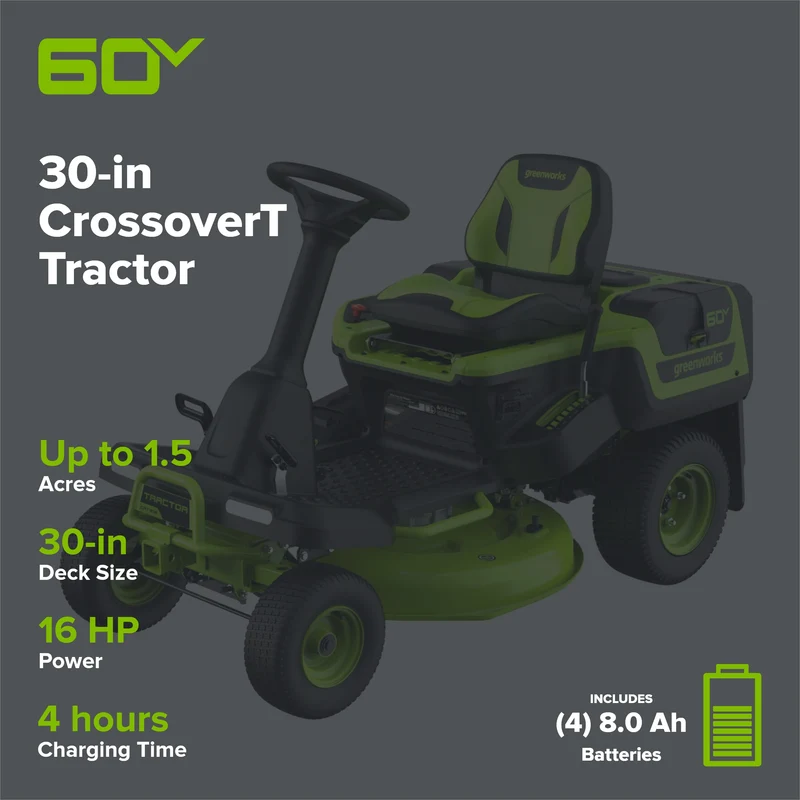 60V 30" CrossoverT Riding Lawn Tractor with (4) 8.0 Ah Batteries and 600-Watt Charger, CRT3062
