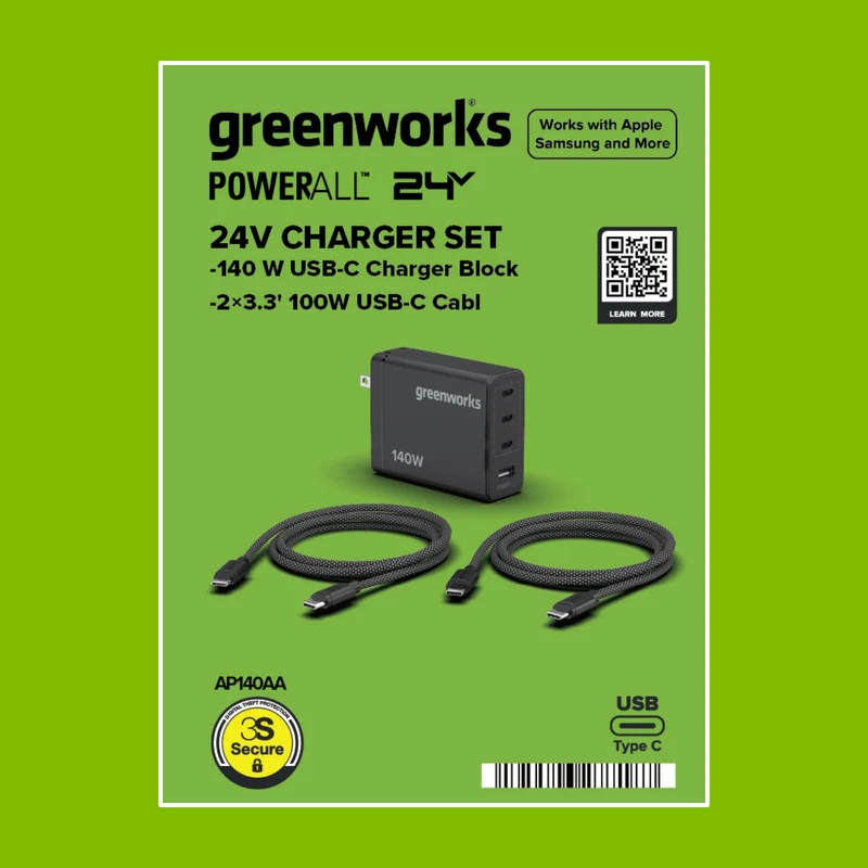 24V PowerAll Charger Set with 140W USB-C Charger Block and (2) 3.3' 100W USB-C Cables