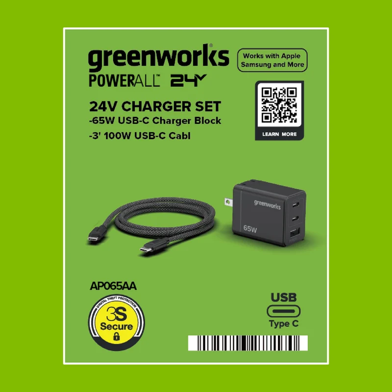 24V PowerAll Charger Set with 65W USB-C Charger Block and (1) 3' 100W USB-C Cable