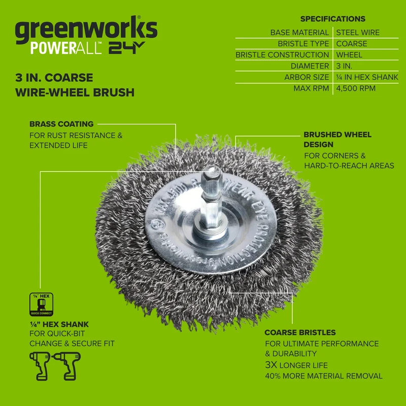 3" Coarse Wire Wheel Brush for Weld Scale, Paint, or Rust Removal and Surface Prep, for Use with Impact and Drill Drivers