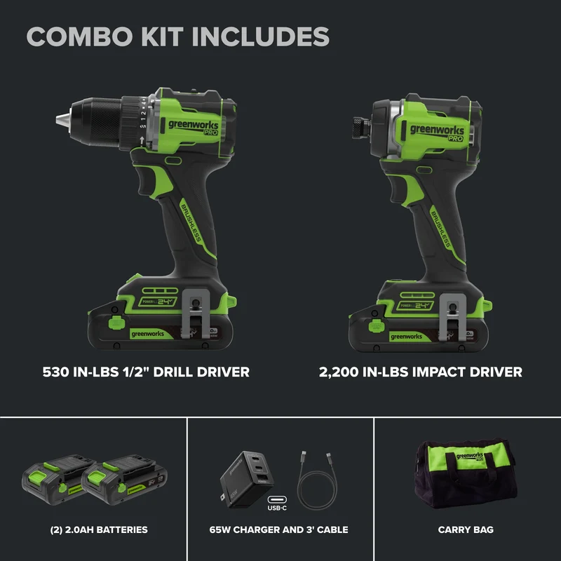 24V PowerAll Pro 530 in-lb Drill Driver and 2,200 in-lb Impact Driver Combo Kit, with (2) 2.0 Ah Batteries, 65W Charger, 3' Cable, Belt Clips, and Carrying Bag