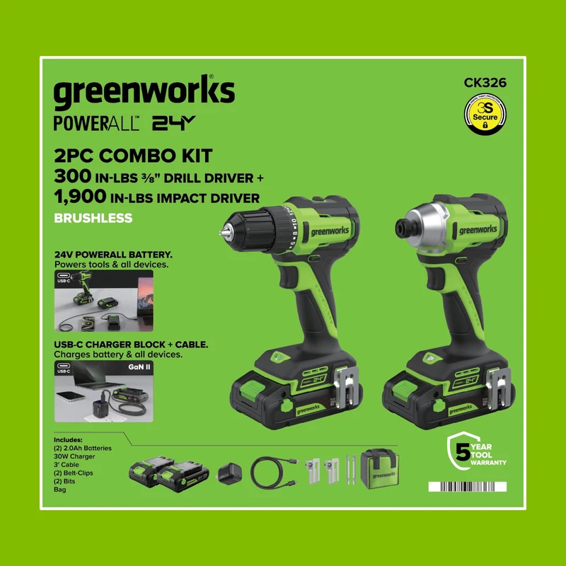 24V PowerAll 3/8" Drill and Impact Driver Combo Kit with (2) 2.0 Ah USB-C Batteries, 30W USB-C Charger Block, and 3' 100W USB-C Cable