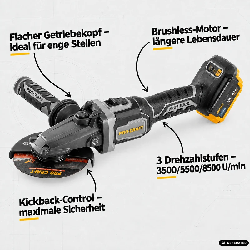 Procraft Industrial AG125Cbb Akku Flachkopf Winkelschleifer 20 V 125 mm Brushless