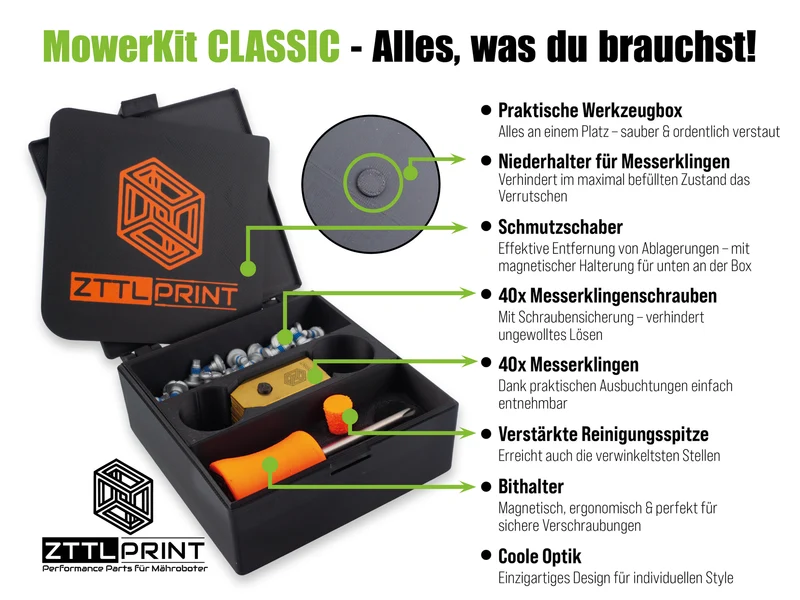MowerKit CLASSIC 40x Messerklingen + 40x Schrauben + Zubehör + Werkzeugbox Komplettset Messerklingensystem