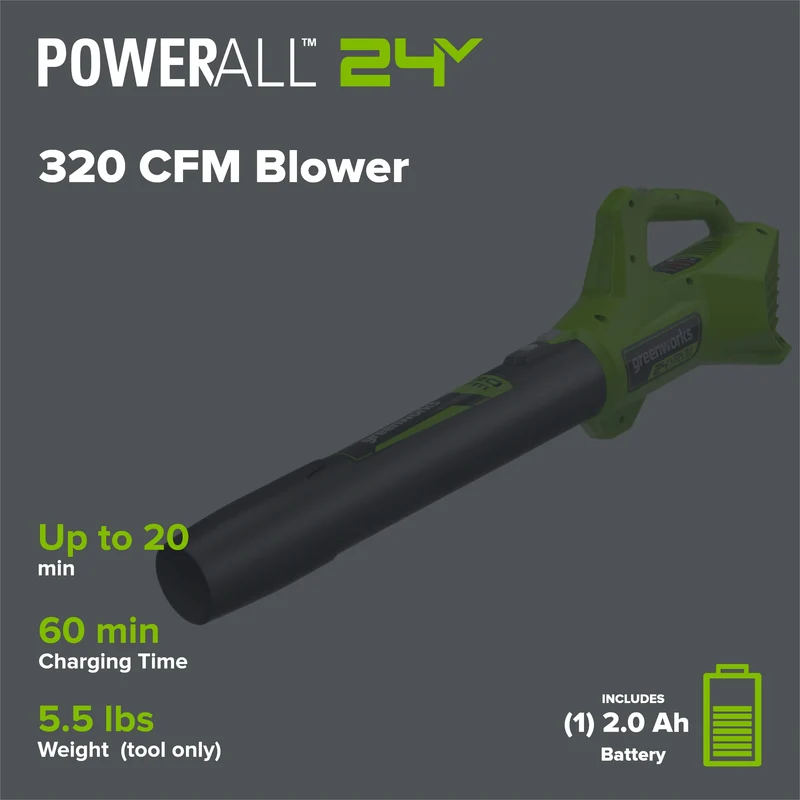 24V 320 CFM Cordless Battery Leaf Blower w/ 2.0 Ah Battery & Charger