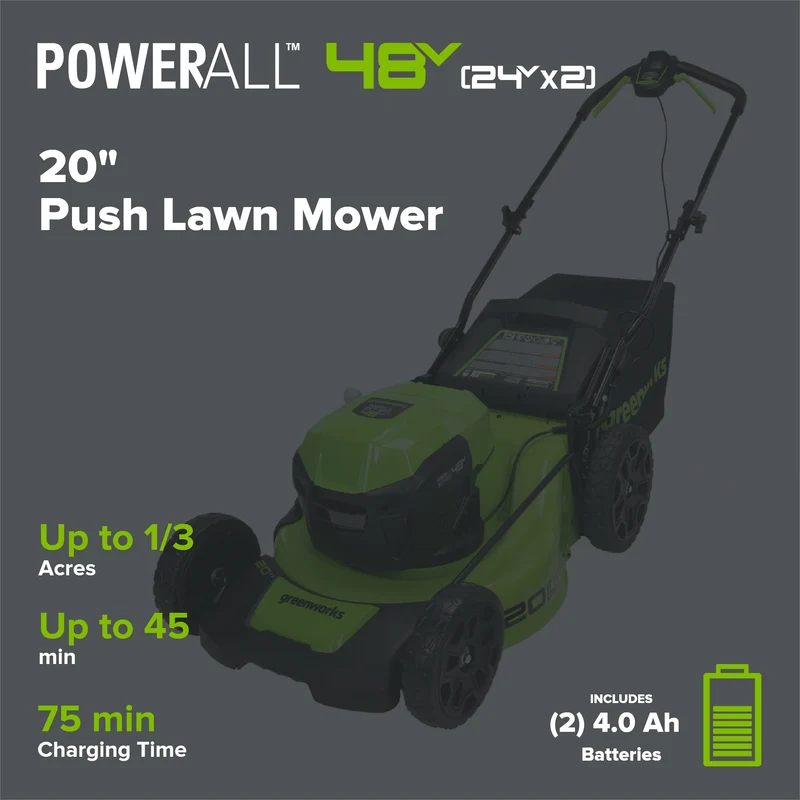 48V (24V x 2) 20" Cordless Battery Push Mower 4PC Combo Kit: (2) 4.0 Ah Batteries and Dual-Port Chargers