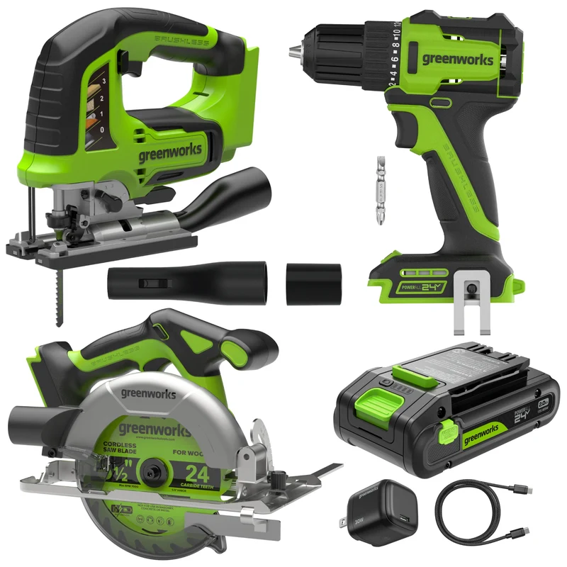 24V Cordless 280 in-lbs Drill/Driver Power Tool 3PC Combo Kit w/ 6-1/2" Circular Saw & 3000SPM Jig Saw: (1) 2.0Ah USB-C Battery & Charger, (1) 3' 100W USB-C Cable