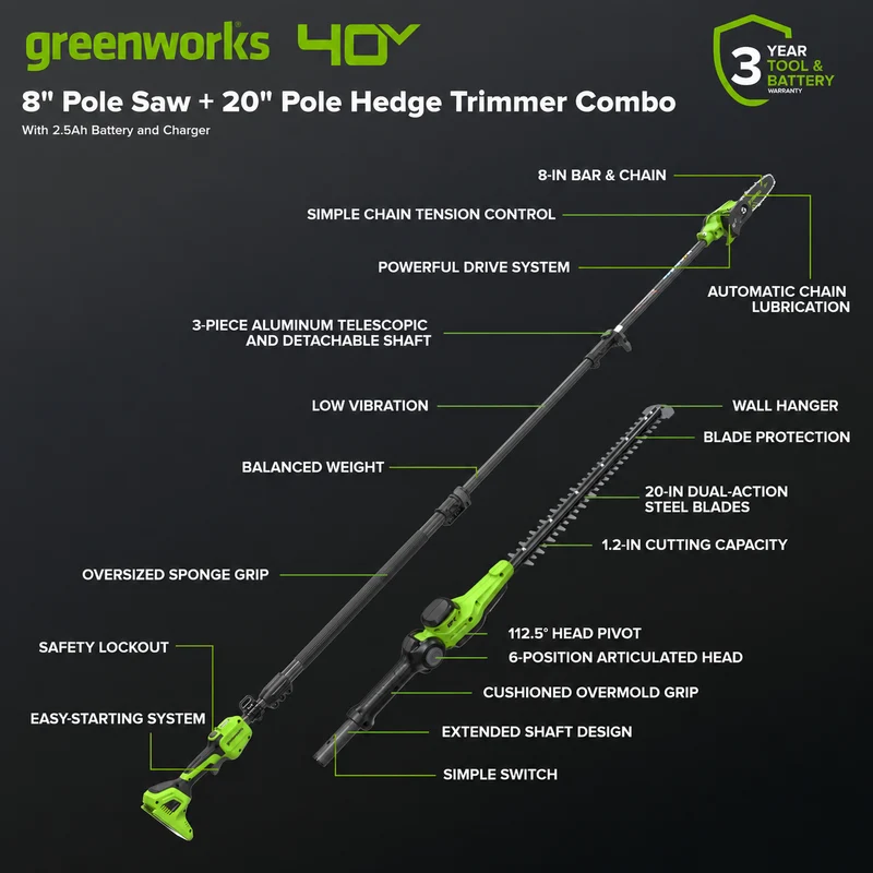 40V 8" Cordless Battery Telescope Pole Saw w/ 20" Hedge Trimmer Attachment Combo Kit (2.5Ah Battery & Charger)