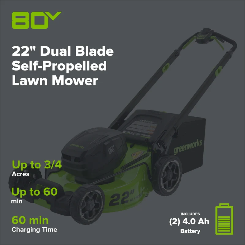 80V 22" Cordless Battery Dual Blade Self-Propelled Lawn Mower: (2) 4.0 Ah Batteries and Rapid Charger, LM2208S