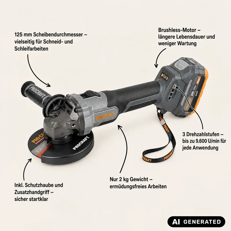 Procraft Industrial AG125Abb Akku Winkelschleifer 20 V 125 mm Brushless