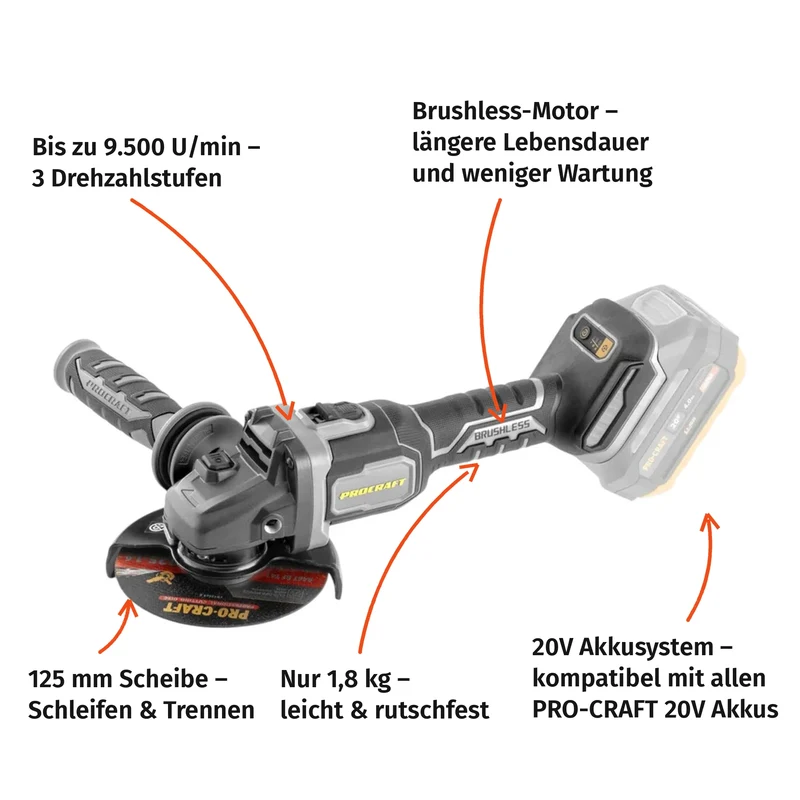 Procraft Industrial AG125Bbb Akku Winkelschleifer 20 V 125 mm Brushless