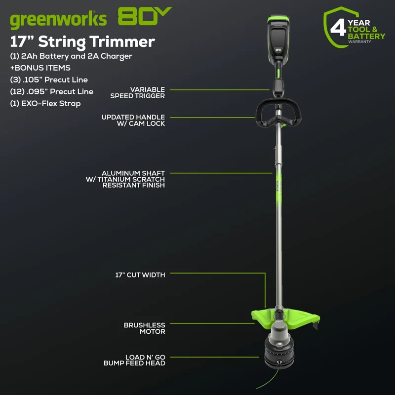 80V 17" Brushless String Trimmer: 2.0 Ah Battery and Charger