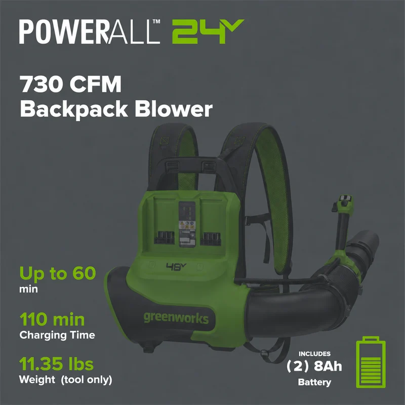 48V (24V x 2) 730 CFM Cordless Battery Dual-Port Backpack Blower: (2) 8.0 Ah Battery, 100W Charger and (2) 3-Ft Cables