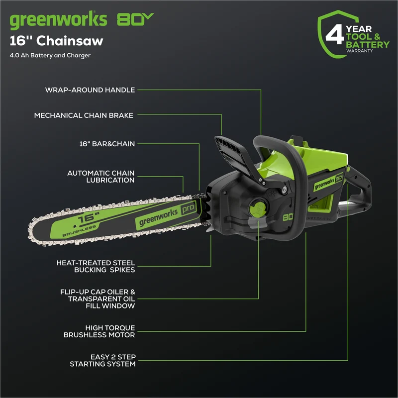 80V 16" 2.0kW Cordless Battery Chainsaw w/ 4.0 Ah Battery & Charger