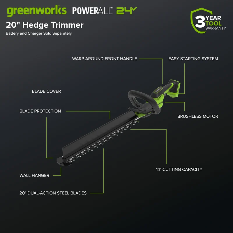 24V 20" Brushless (1.1" Cutting Capacity) Hedge Trimmer (Tool Only)