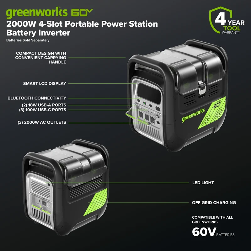 60V 2000W 4-Slot Inverter Portable Power Station (Tool Only)
