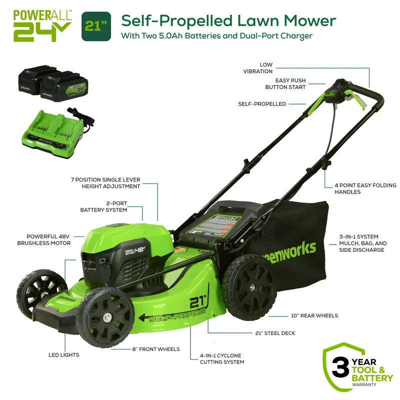 OPEN BOX 48V (24V x 2) 21" Cordless Battery Self-Propelled Mower 3PC Combo Kit: (2) 5.0Ah Batteries,(1) 2.0 Ah Battery,(1) Dual-Port Rapid Charger and (1) Charger