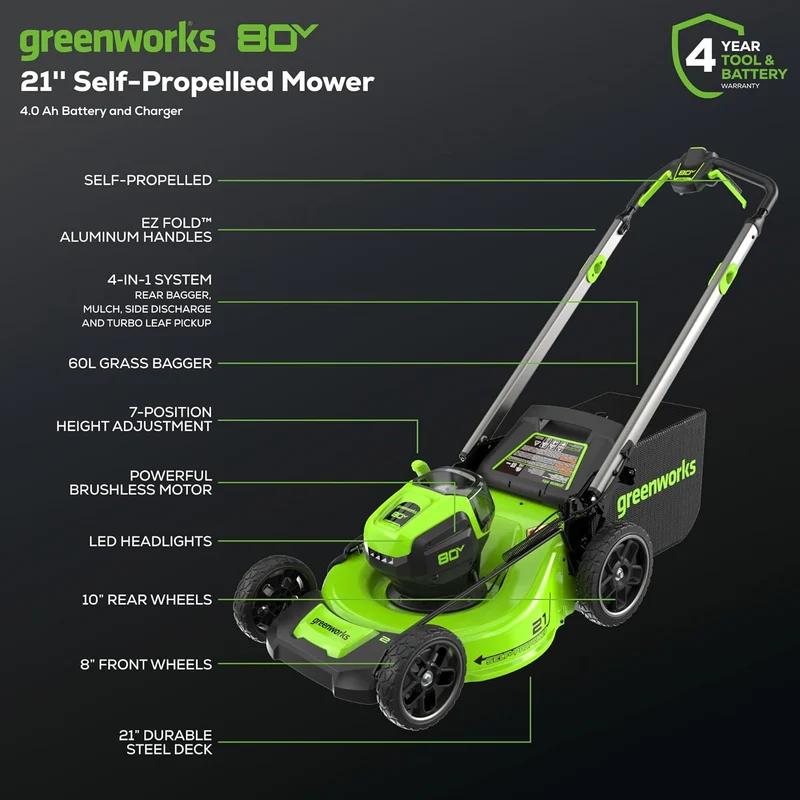 80V 21" Cordless Battery 4-in-1 Self-Propelled Lawn Mower: 4.0 Ah Battery and Charger, LM2108S