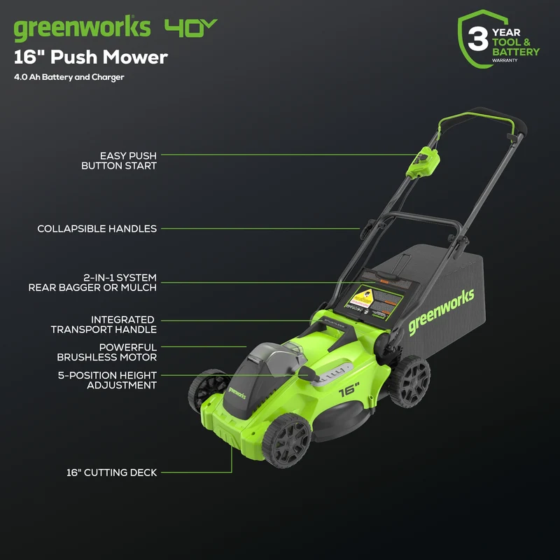 40V 16" Cordless Battery Brushless Push Lawn Mower and 350 CFM Blower Combo Kit: 4.0 Ah Battery and Charger
