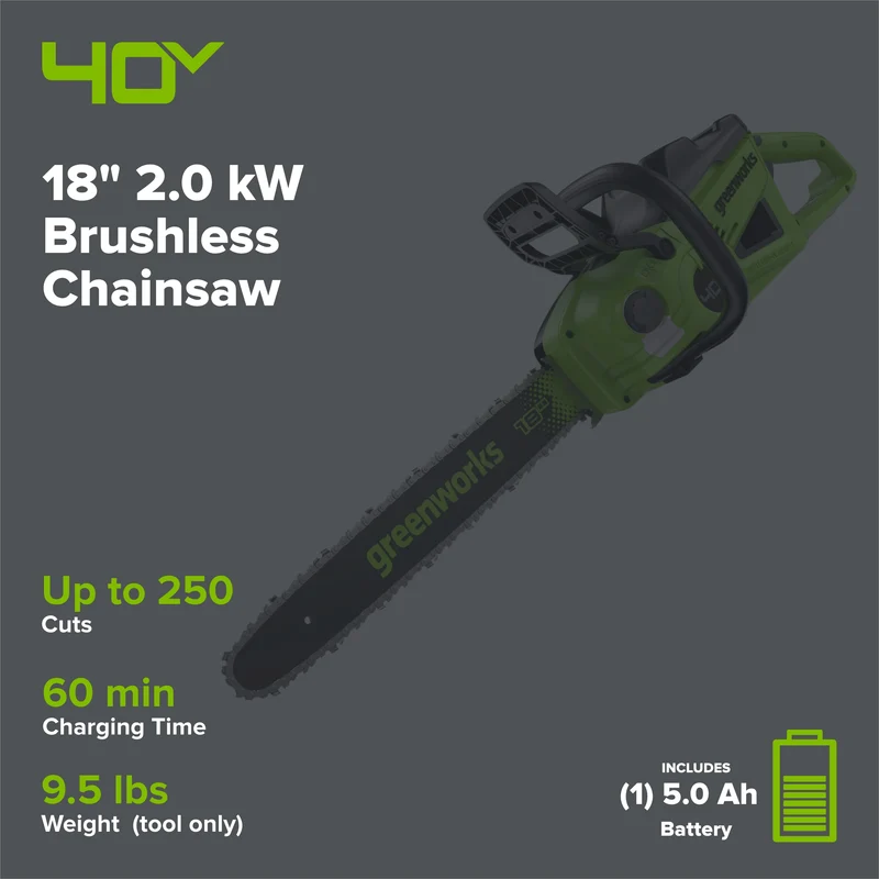 40V 18" Cordless Battery 2.0 kW Chainsaw: 5.0 Ah Battery and 5A Charger