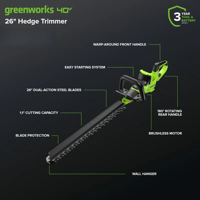 40V 26" Cordless Battery Hedge Trimmer (Tool Only)