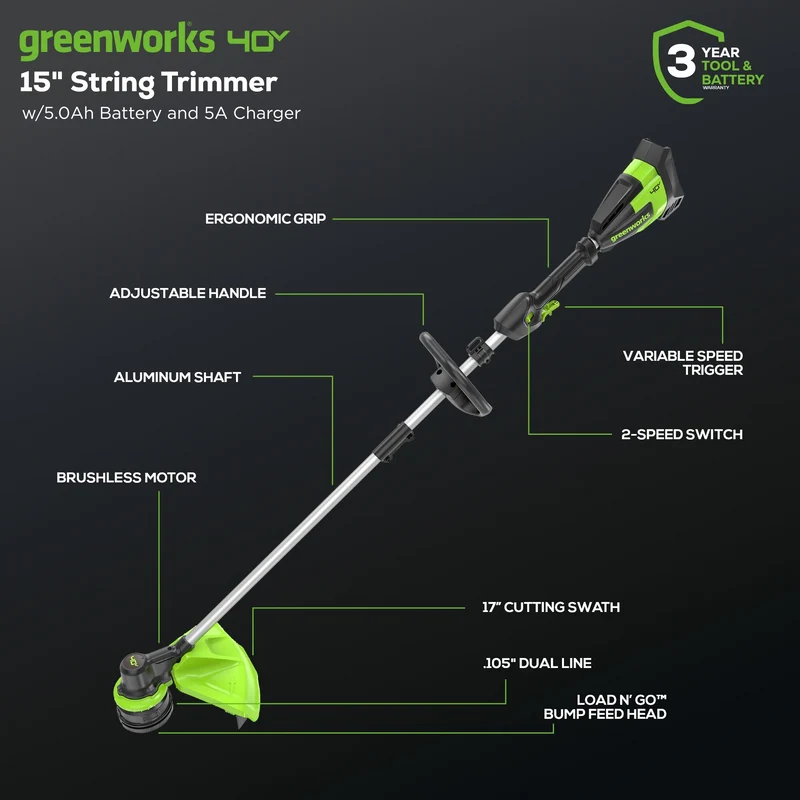 40V 17" Cordless Battery String Trimmer: 5.0 Ah Battery and 5A Charger