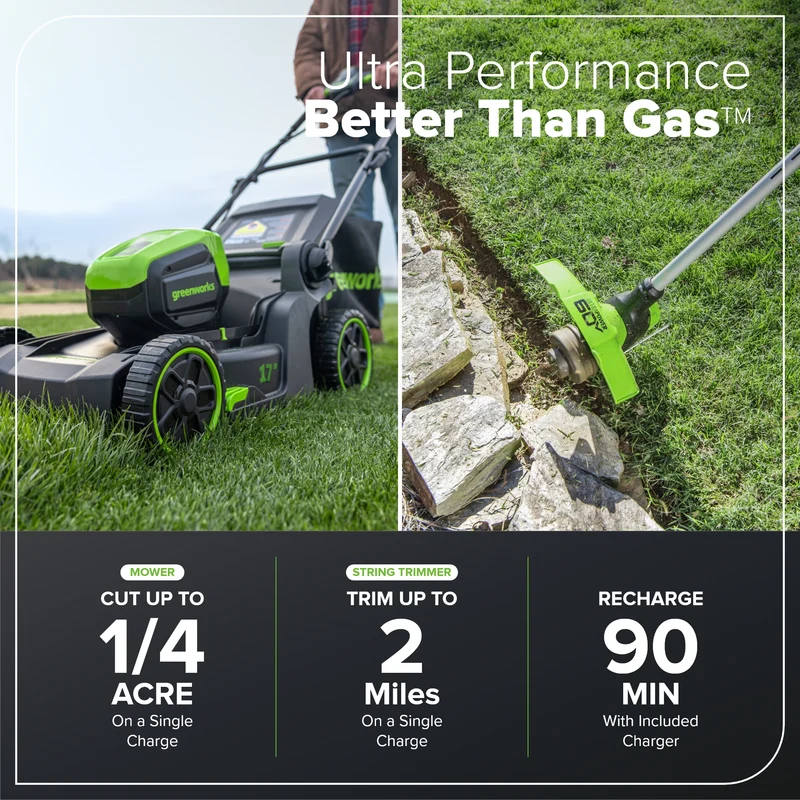 60V 17" Cordless Battery Push Lawn Mower and 13" String Trimmer Combo Kit: 4.0 Ah Battery and Charger