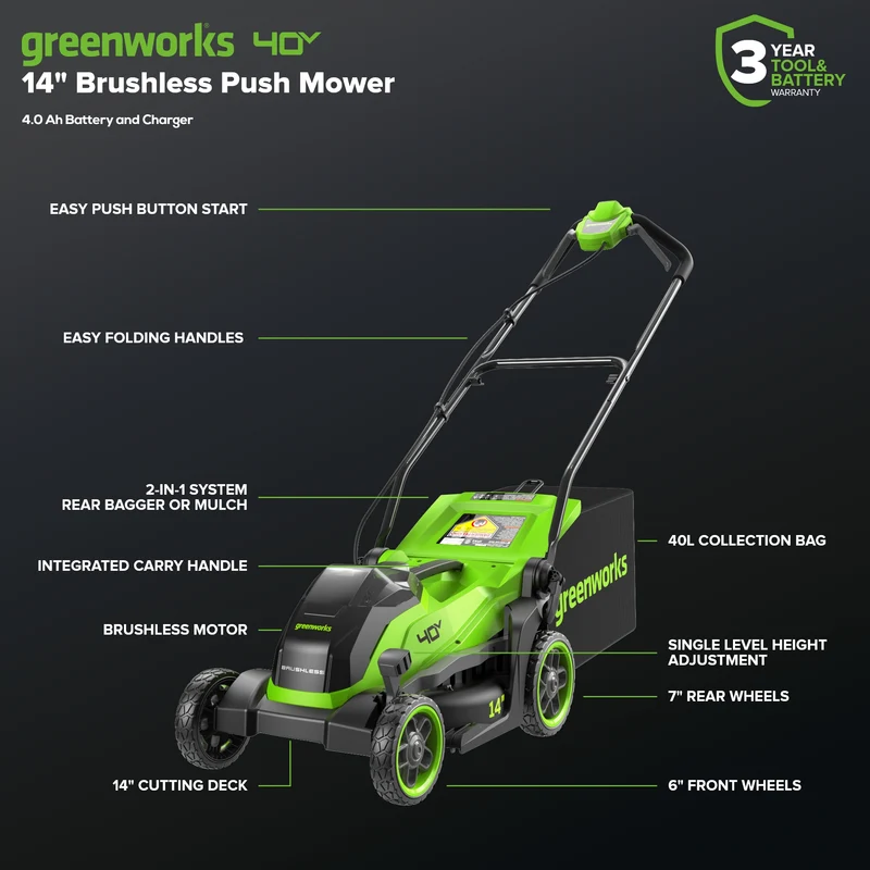 40V 14" Cordless Battery BL Push Lawn Mower: 4.0 Ah Battery and Charger, LM1414