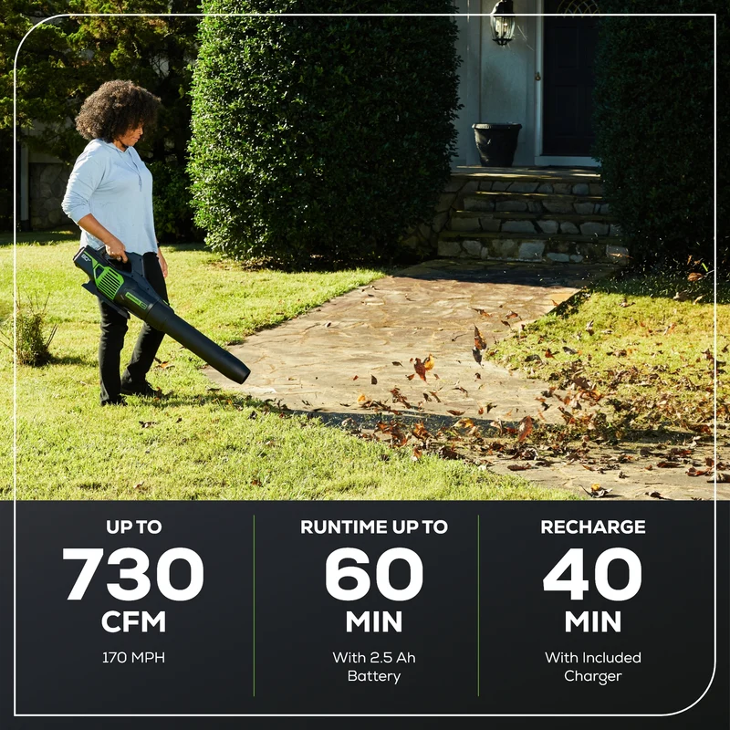 OPEN BOX 80V 730 CFM Cordless Battery Leaf Blower: 2.5 Ah Battery and Rapid Charger
