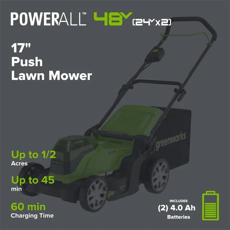 48V (24V x 2) 17" Cordless Battery Push Lawn Mower w/ Two (2) 4.0Ah USB Batteries & Dual Port Charger, LM1712