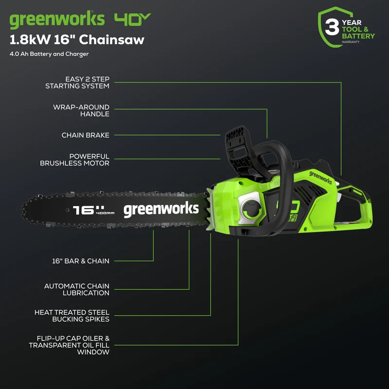 40V 16" Cordless Battery Chainsaw (Tool Only)