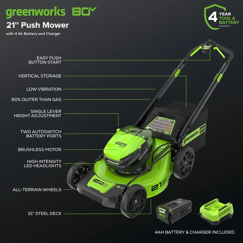 80V 21" Cordless Battery 4-in-1 Push Mower and 730CFM Leaf Blower Combo Kit, (1) 4.0 Ah Battery and (1) Rapid Charger