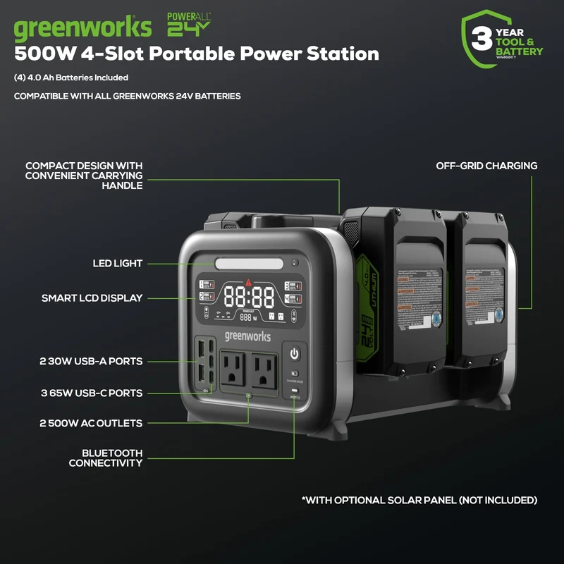 24V 500W Portable Power Station, (4)4.0 Ah Battery and Charger