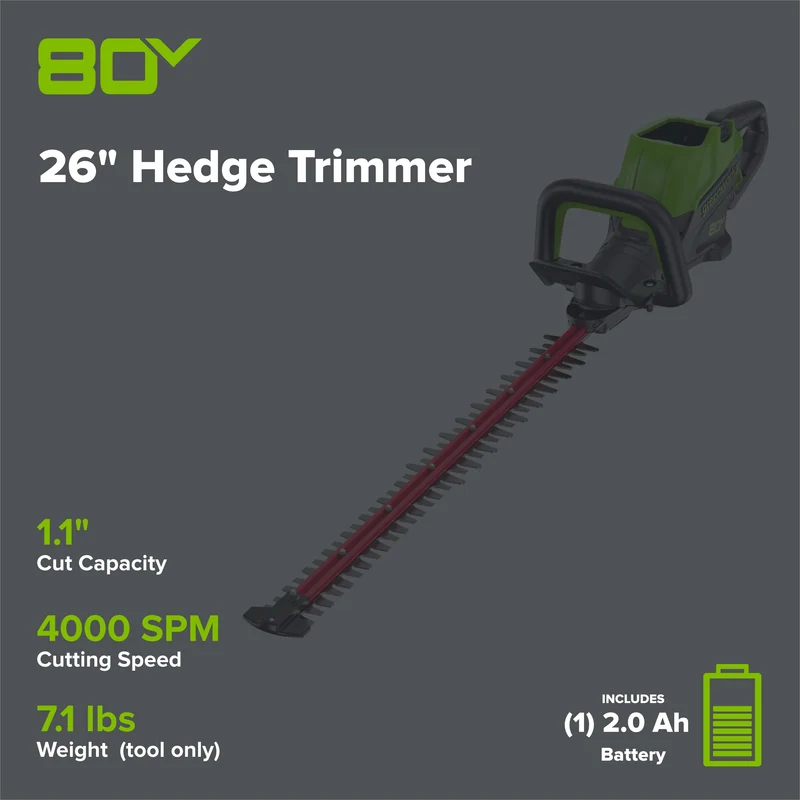 80V 26" Cordless Battery Hedge Trimmer (1.1" cut, 4000 SPM): 2.0 Ah Battery and Charger
