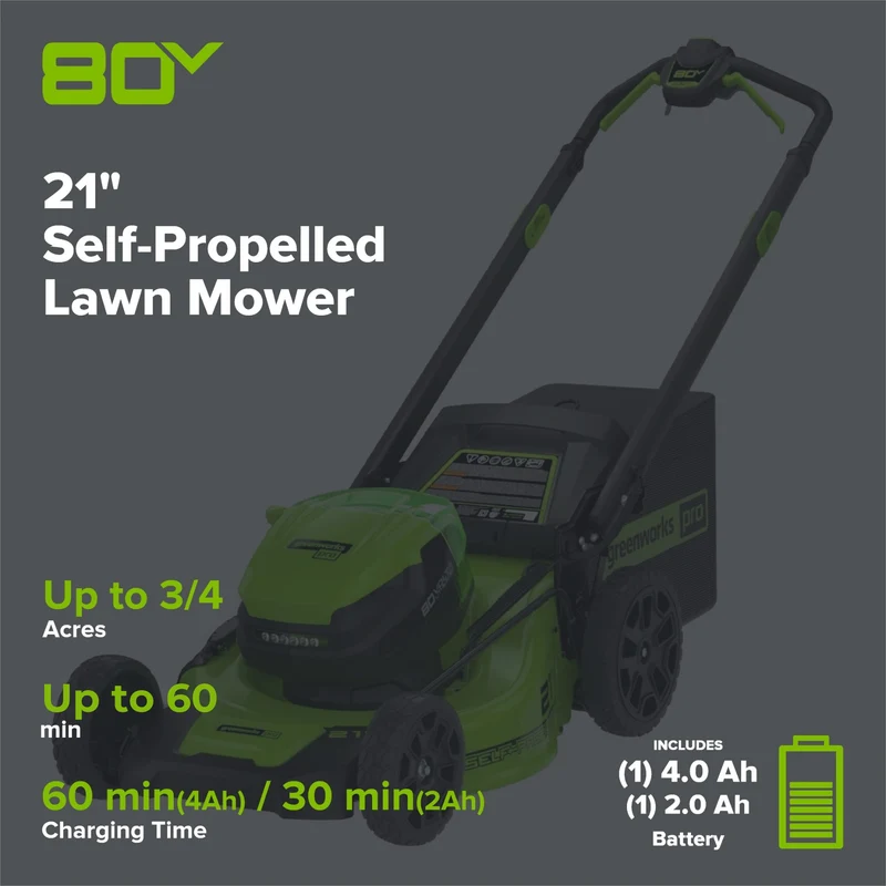 RENEWED 80V 21" Cordless Battery 4-in-1 Self-Propelled Lawn Mower: (1) 4.0 Ah, (1) 2.0 Ah Battery and Rapid Charger, LM2118S