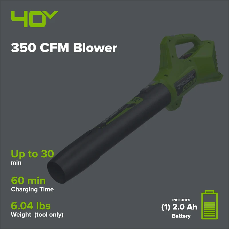 40V 350 CFM Cordless Battery Leaf Blower: 2.0 Ah Battery and Charger