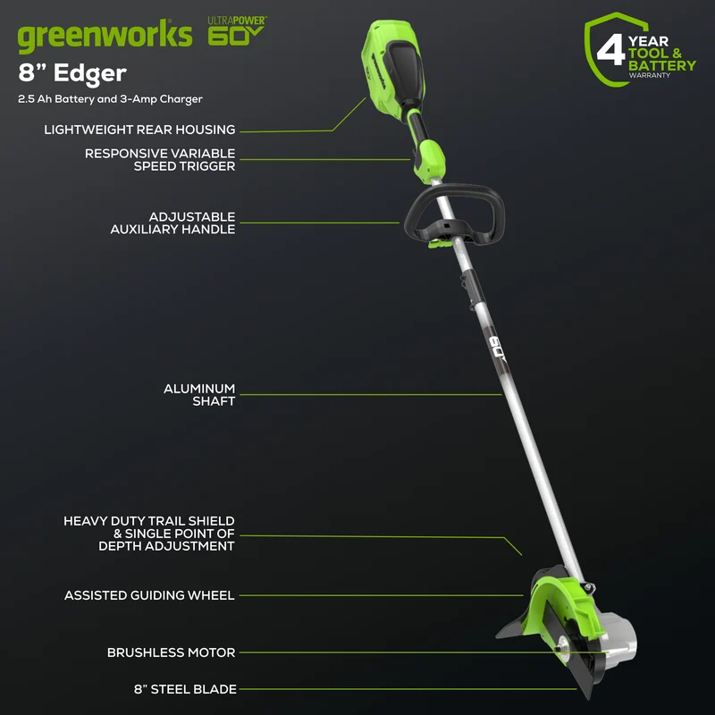 60V 8" Brushless Cordless Battery Edger: (1) 2.5 Ah Battery, (1) 3A Charger