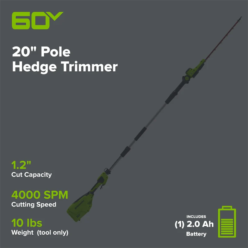 60V 20" 6-position Cordless Battery Pole Hedge w/ 2Ah Battery and 3A Charger