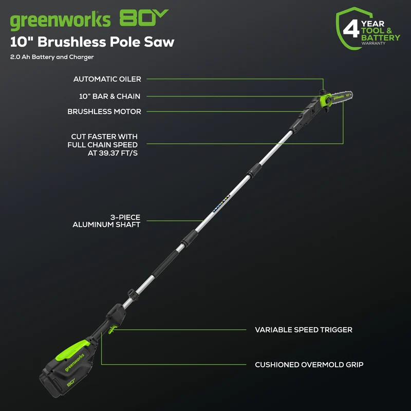 80V Pro 10" Cordless Battery Pole Saw: 2.0 Ah Battery and Charger