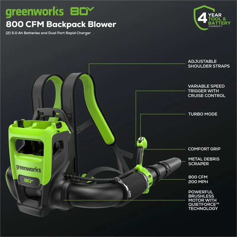 80V 800CFM Cordless Battery Dual-Port Backpack Blower: (2) 5Ah Battery and Dual-Port Rapid Charger