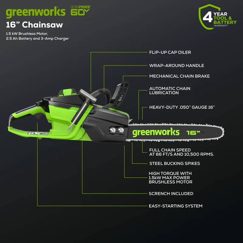 60V 16" 1.5kW Cordless Battery Chainsaw: 2.5 Ah Battery and 3A Charger