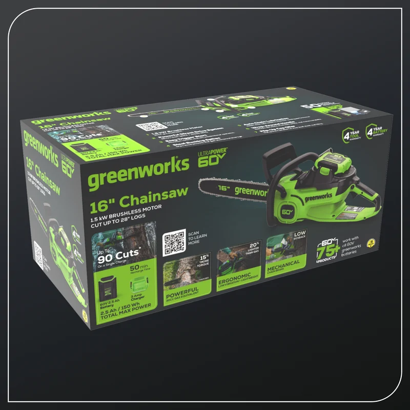 60V 16" 1.5kW Cordless Battery Chainsaw: 2.5 Ah Battery and 3A Charger