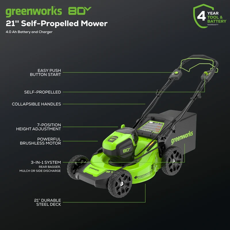 80V 21" Cordless Battery Self-Propelled Mower and Blower: 4.0 Ah Battery and Rapid Charger