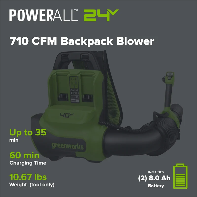 40V 710 CFM Cordless Battery Dual-Port Backpack Blower: (2) 8.0 Ah Battery and Charger