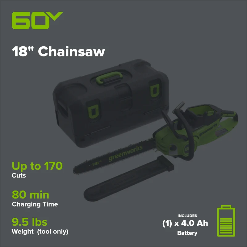60V 18"Cordless Battery 2.0 kW Chainsaw and Hard Case, 4Ah Battery and Charger