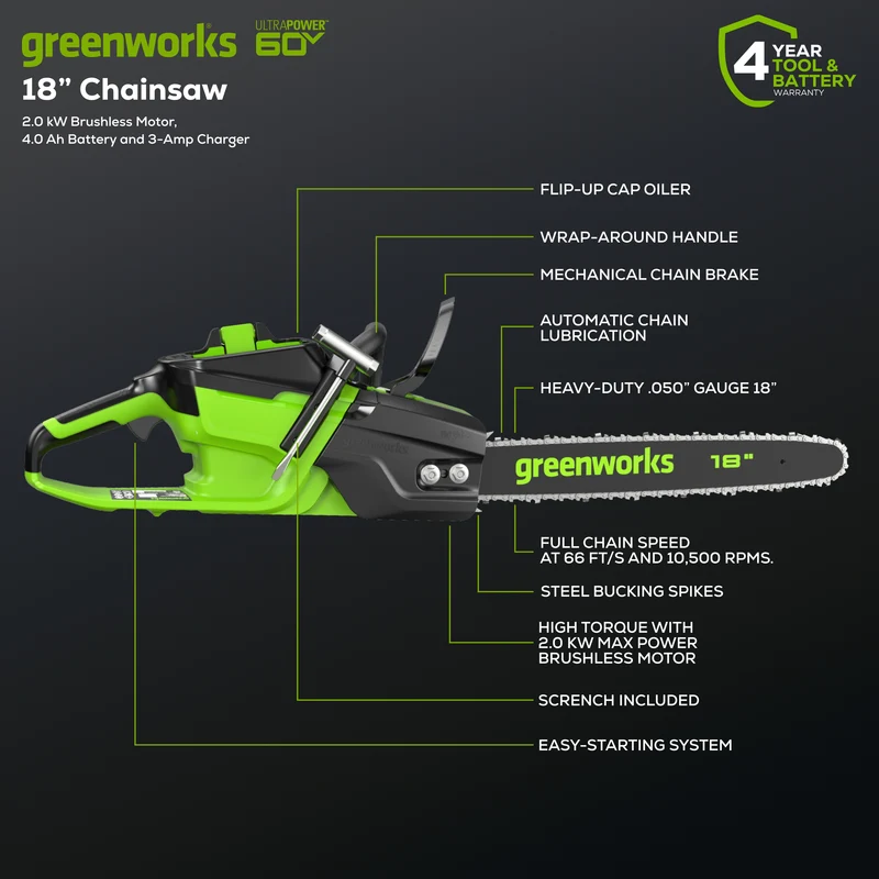 60V 18"Cordless Battery 2.0 kW Chainsaw and Hard Case, 4Ah Battery and Charger