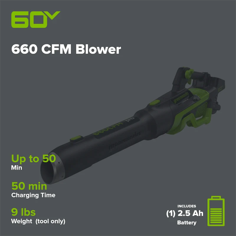 60V 660 CFM Cordless Battery Brushless Leaf Blower: 2.5 Ah Battery and Charger