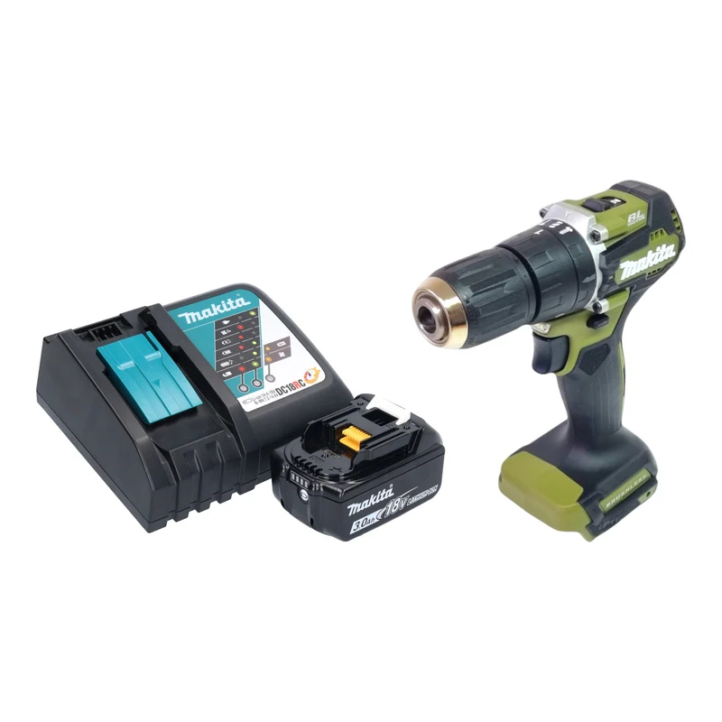 Makita DHP 487 RF1O Akku Schlagbohrschrauber 18 V 40 Nm Brushless Olive Outdoor Adventure Serie + 1x Akku 3,0 Ah + Ladegerät