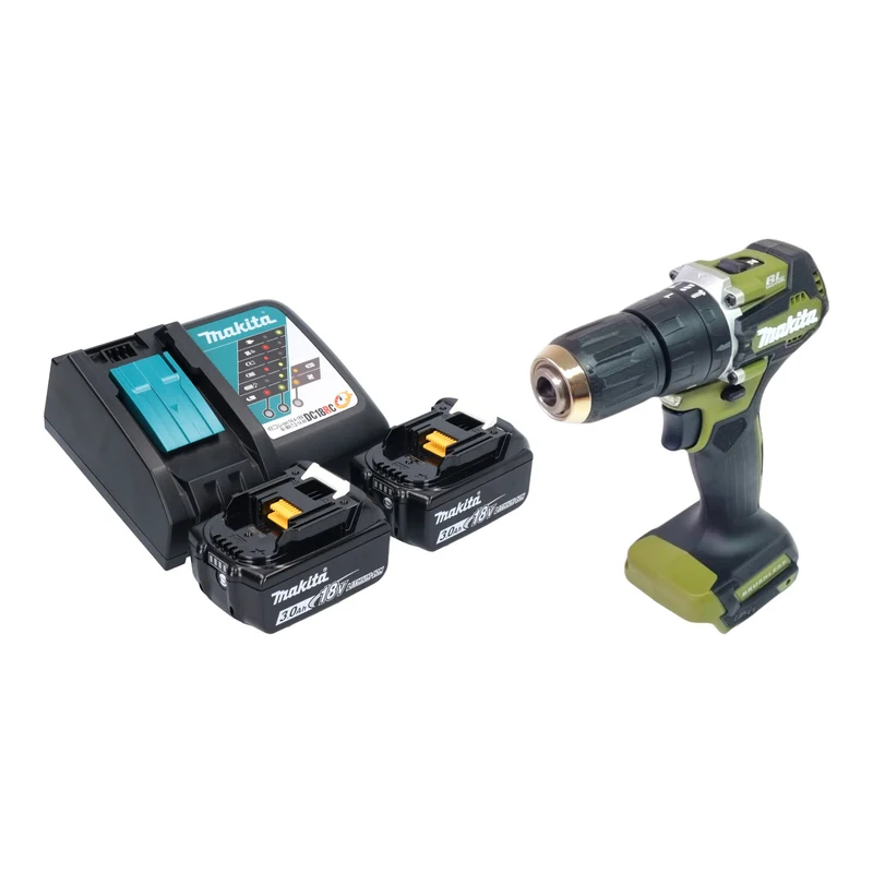 Makita DHP 487 RFO Akku Schlagbohrschrauber 18 V 40 Nm Brushless Olive Outdoor Adventure Serie + 2x Akku 3,0 Ah + Ladegerät