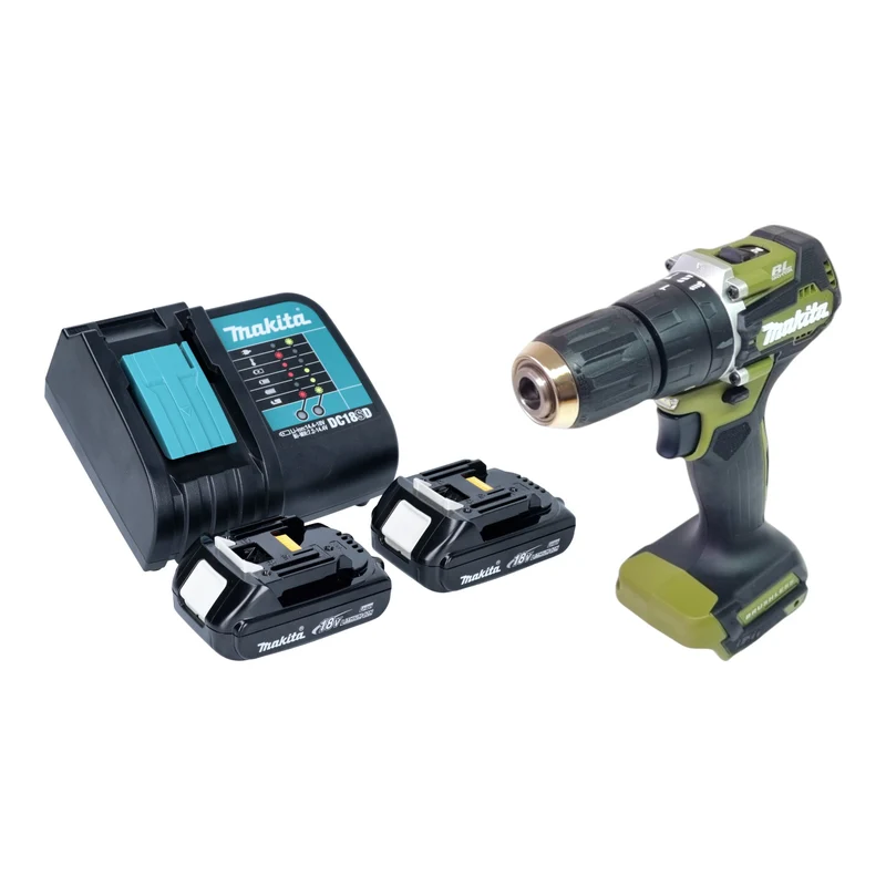 Makita DHP 487 SYO Akku Schlagbohrschrauber 18 V 40 Nm Brushless Olive Outdoor Adventure Serie + 2x Akku 1,5 Ah + Ladegerät